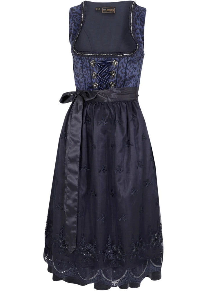 Dirndl mit Leomuster Festkleid für Damen Dunkelblaues