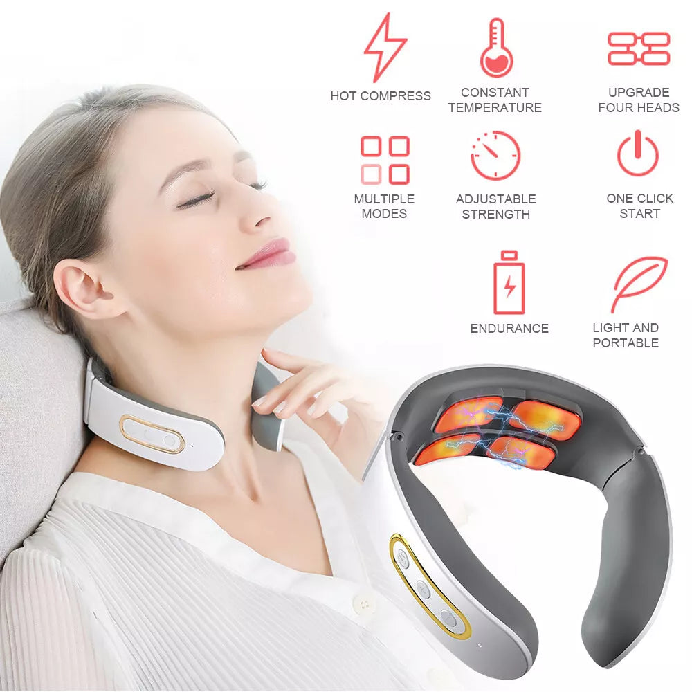 Tragbares Nackenmassagegerät mit Wärme – Kabelloser EMS Massager gegen Nackenschmerzen, Muskelsteifheit & Stress